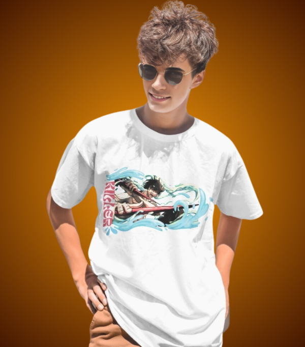 A boy model wearing Jujutsu White Oversized T-shirt with jeans and sunglass.