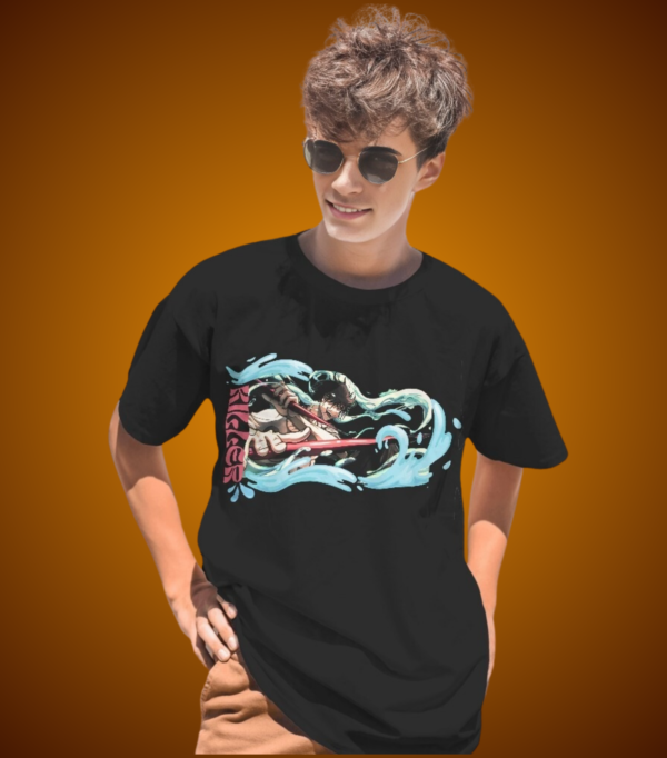 A boy model wearing Jujutsu Black Oversized T-shirt with jeans and sunglass.