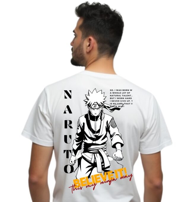 A boy wearing Naruto white oversiz tshirt