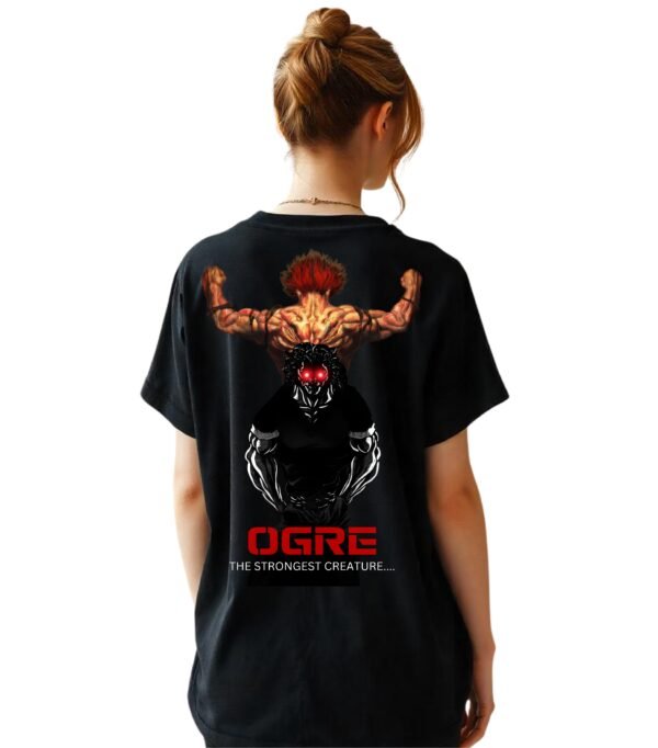 A girl wearing ogre anime best black oversize tshirt for girls