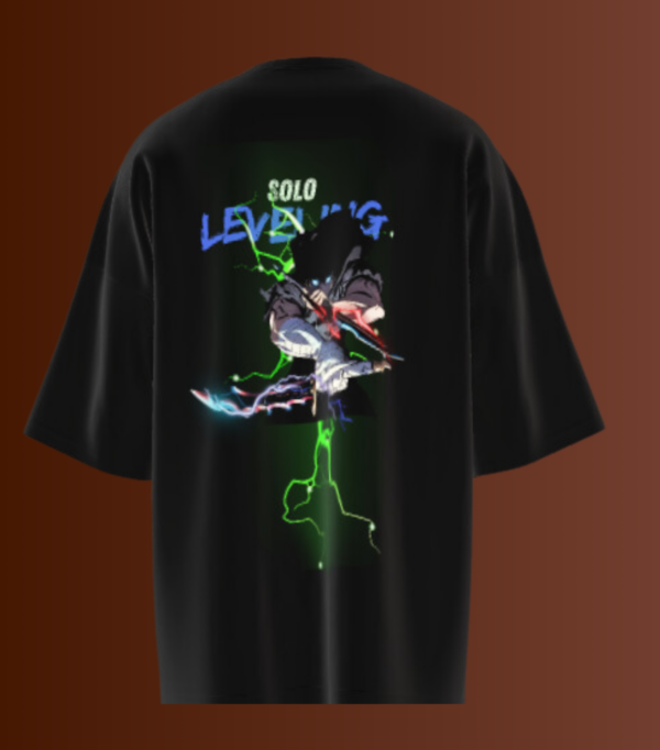 Solo Leveling Black Oversized T-shirt back design featuring a bold graphic of Sung Jin-Woo from the manhwa.