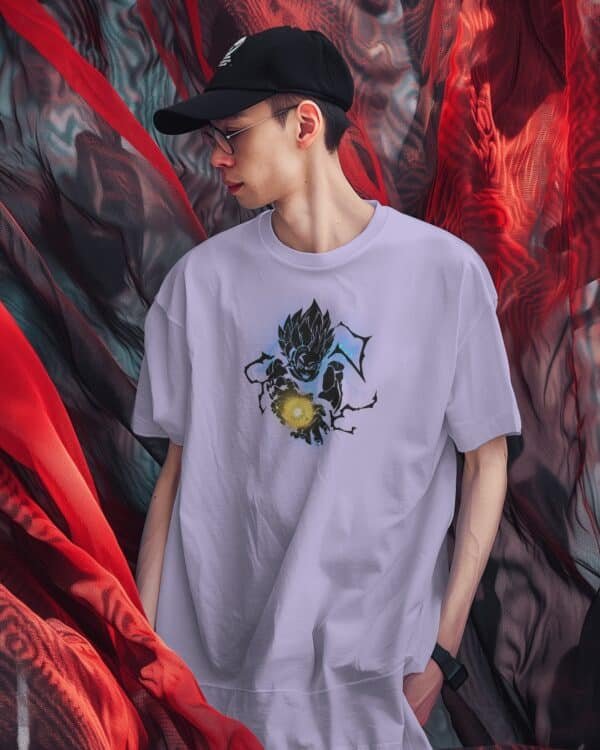 A model wearing Sassy Saiyan Premium Lavender Oversize tshirt