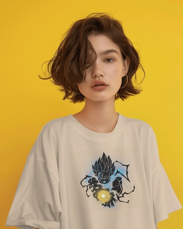 A girl model wearing Sassy Saiyan premium beige oversized tshirt