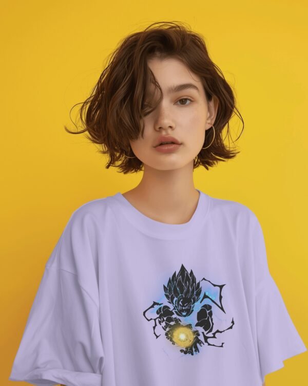 A girl model wearing Sassy Saiyan premium Lavender oversized tshirt